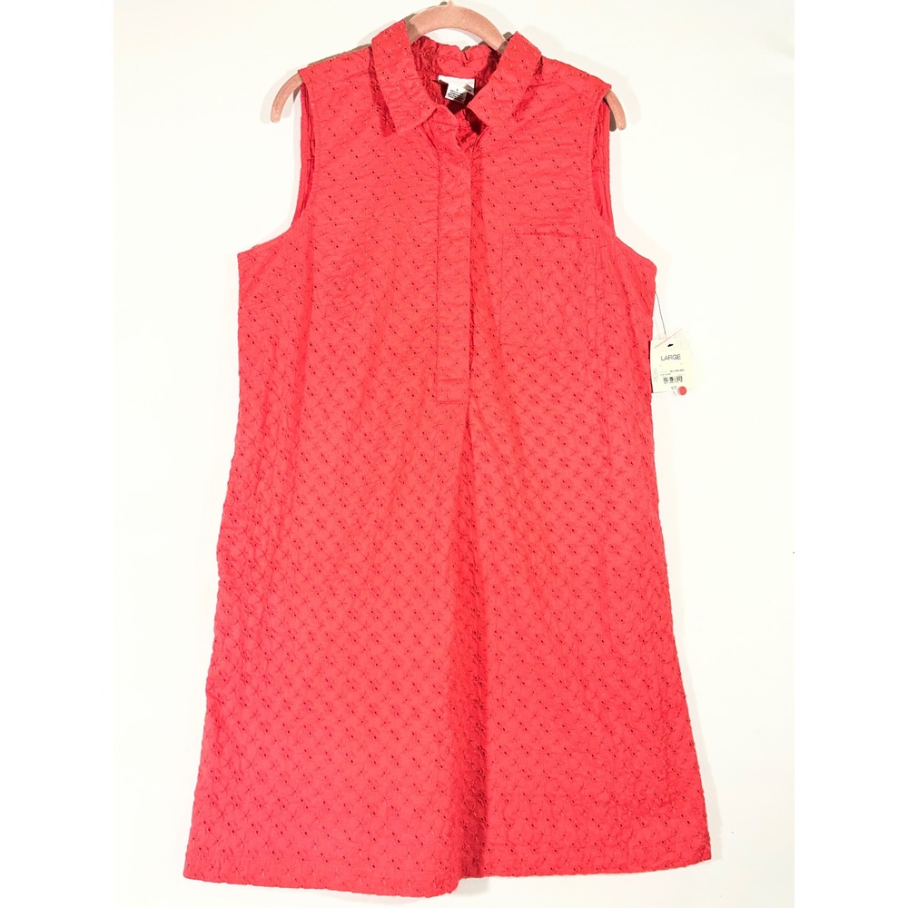 Liz Claiborne Eyelet Shirt Dress Women L Coral Sleeveless Cotton Cottagecore‎